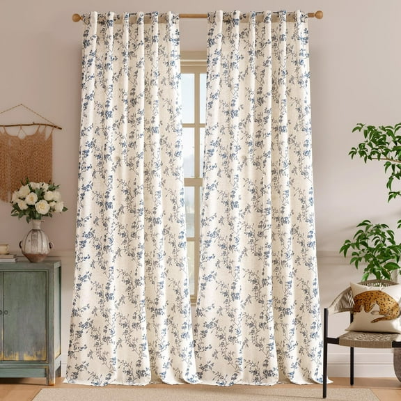 Farmhouse Linen Curtains Blue Floral Curtains 96 Inch Long Back Tab Drapes for Living Room Bedroom Light Filtering Country Vintage Rod Pocket Curtain, 2 Panels, Blue on Beige