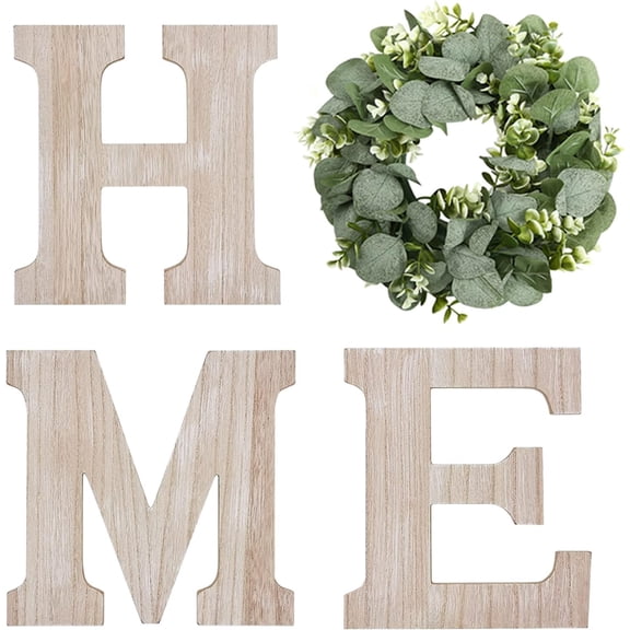 Wooden Home Sign Wall Hanging Decor Wood Home Letters for Wall Art with Artificial Eucalyptus Wreath Rustic Home Decor Farmhouse, Wall Decor for Living Room Entryway Housewarming Gift (Natural)