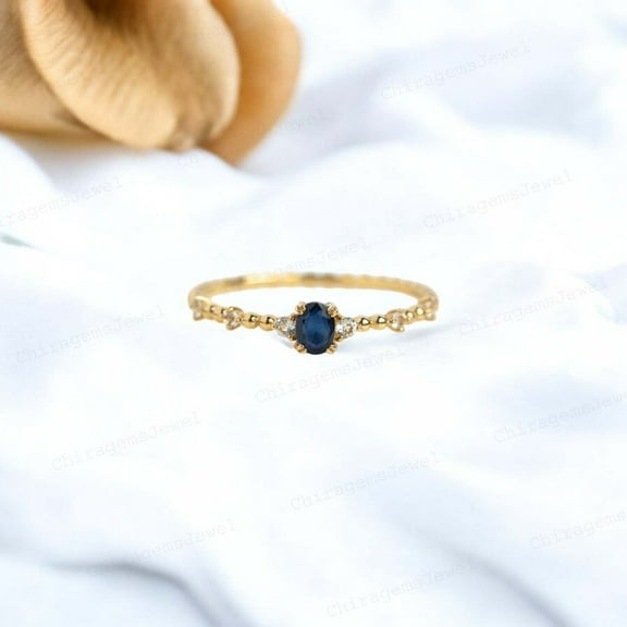 CHIRAGEMSJEWEL 0.75ct / 6X4MM Oval Shape Blue Sapphire Promise Ring , September Birthstone Art Deco Wedding Ring Gift for Sister