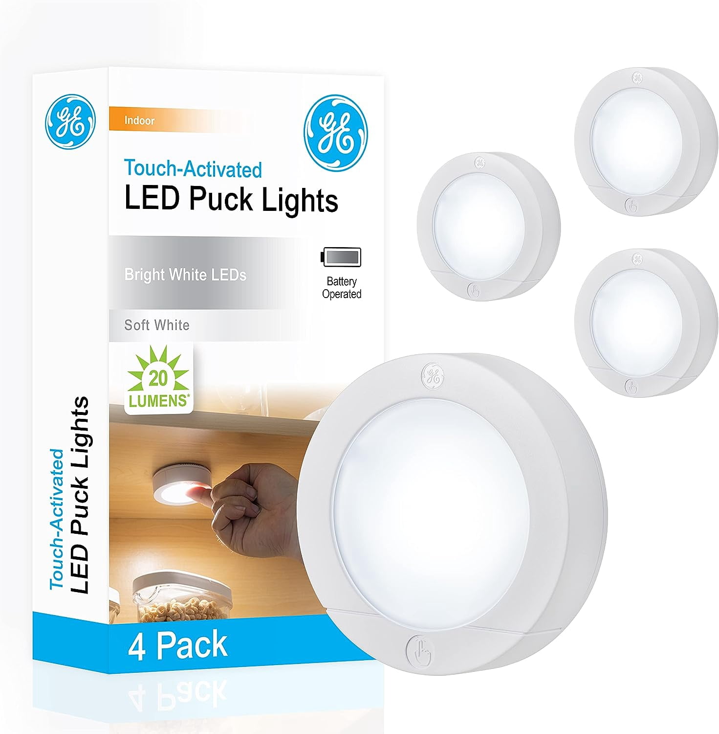 RGHJAR-GE Wireless LED Puck Lights, Battery Operated, 20 Lumens, Touch Light, Tap Light, Stick On Lights, Under Cabinet Lighting, Ideal for Kitchen Cabinets, Closets, Garage and More, 4 Pack, 45997