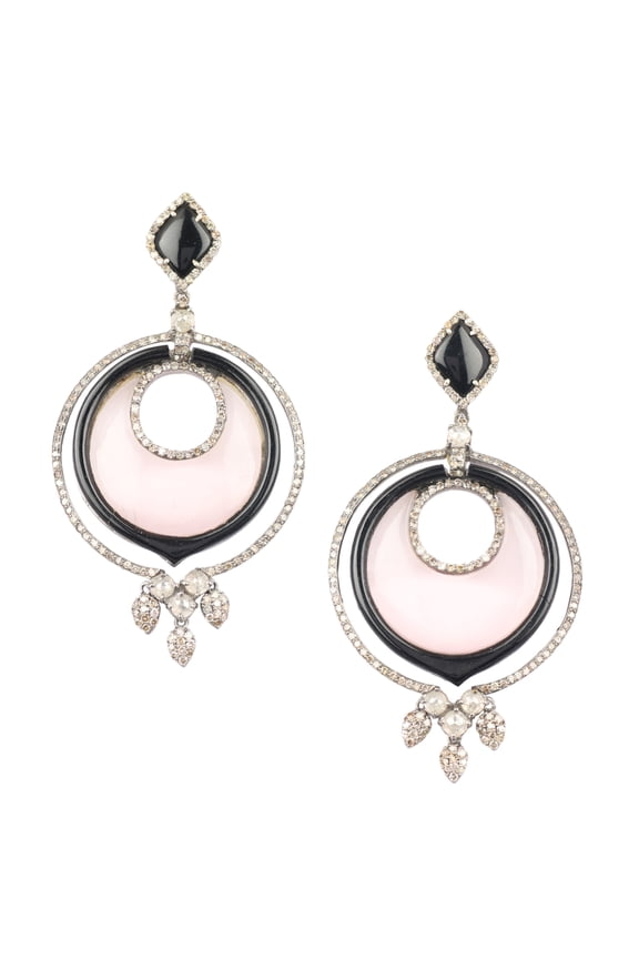 Natural Rose Quartz Black Onyx,Diamond Gemstone 925 Sterling Silver Earrings
