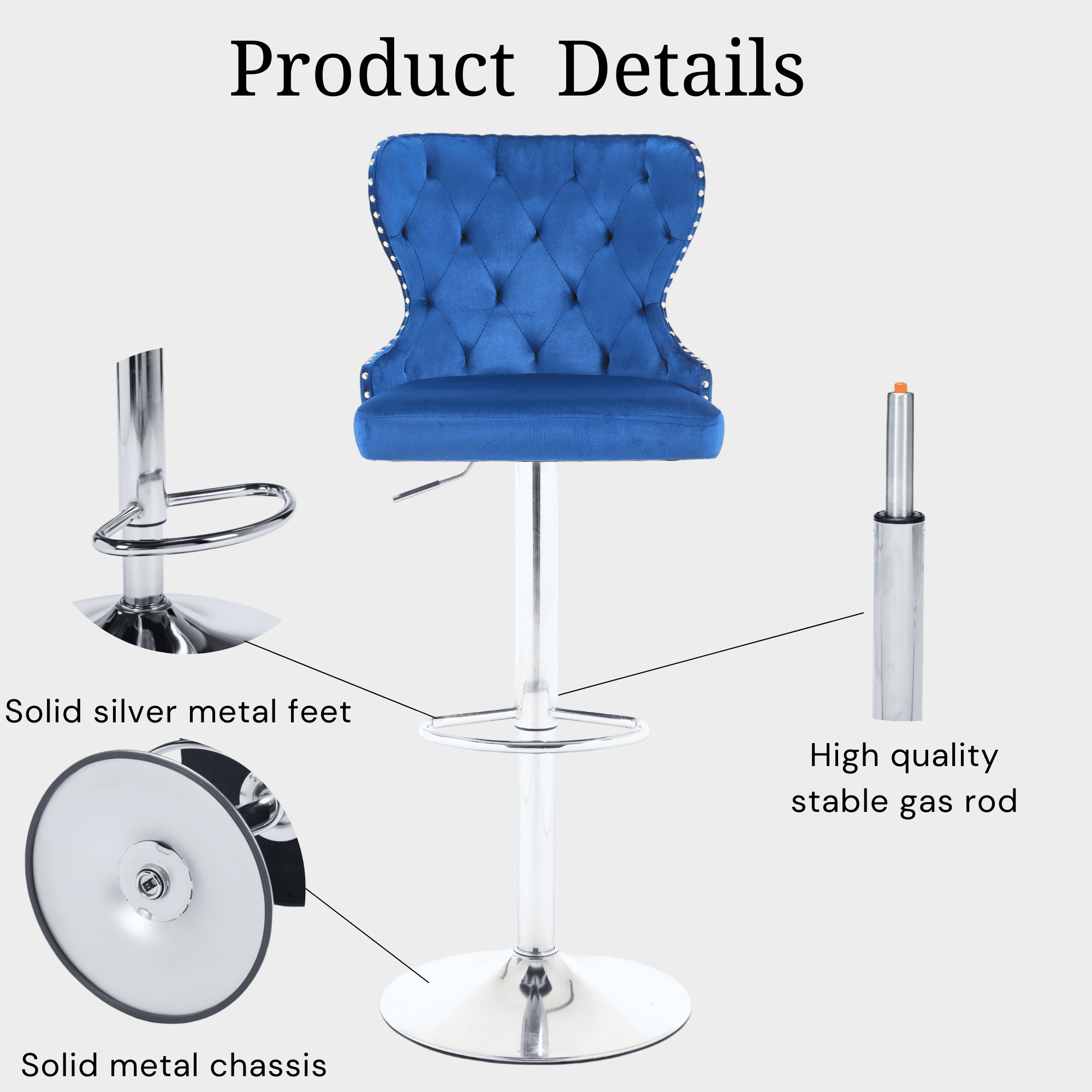 Set of 2 Adjustable Swivel Bar Stools,Velvet Upholstered Counter Height Chairs with Nailhead Trim, Silver Footrest, and High Back for Kitchen Island, Home Bar, Dining Room, Cafe, Blue