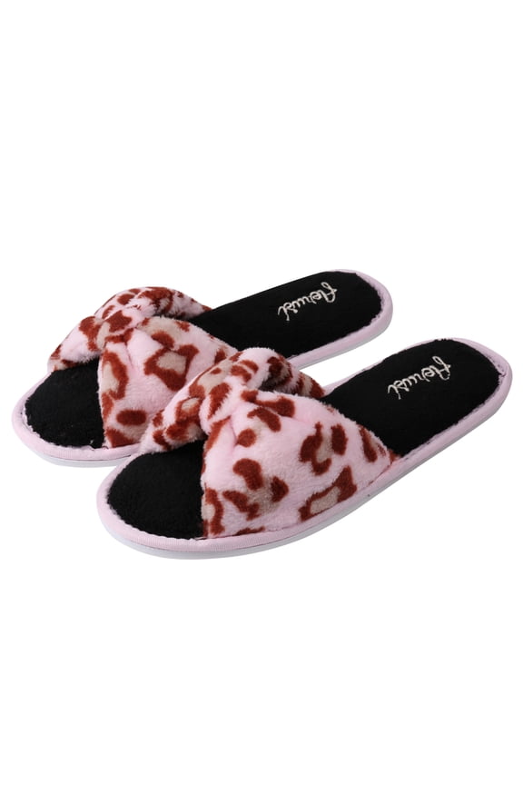 Women's Pink Leopard Soft Plush Thong Slippers with Comfortable Memory Foam Interior and Anti-Slip Rubber Sole For Indoor, Outdoor, Spa Use (US Women's Size 9)