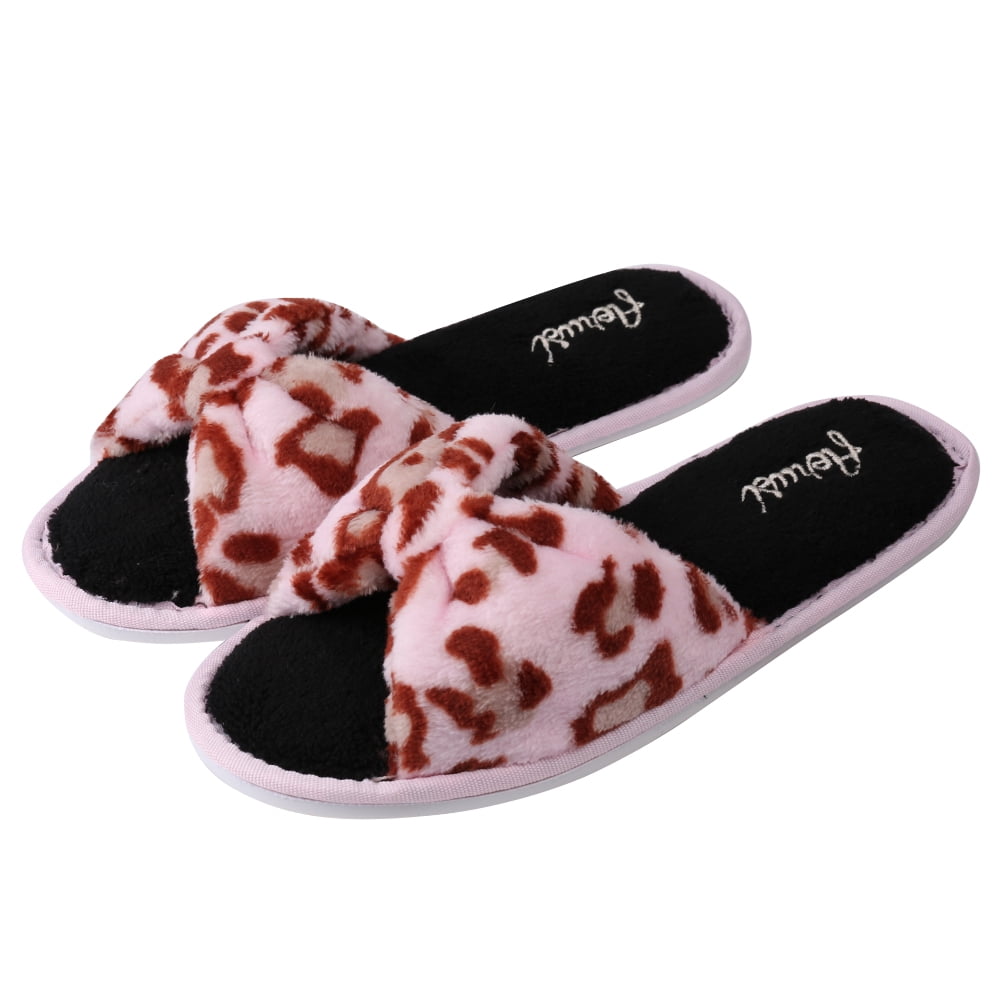 Aerusi - Women's Pink Leopard Soft Plush Thong Slippers with ...