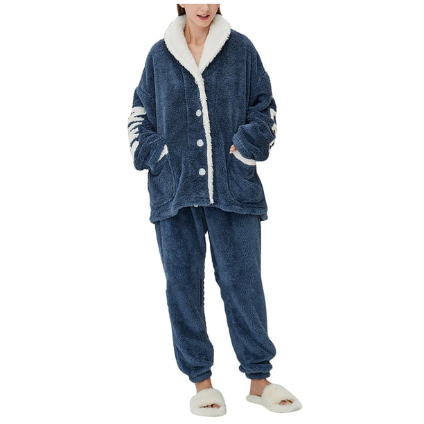 Gibobby Conjunto de pijama para hombre y mujer invierno, blusa y pantalones de manga larga con botones, cárdigan de traje de pijama de franela para otoño e invierno(Marina,XL)