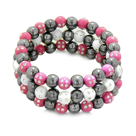 - Amulets Set of 3 Individual Simulated Hematite Magnetic Bracelets in White Hot Pink Sparkling Crystals