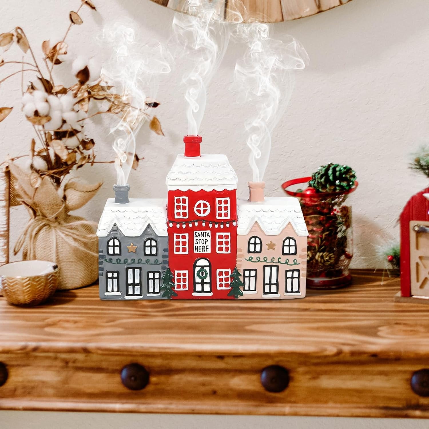 Christmas Gingerbread House Incense Burner, Christmas Log Cabin Snowy Winter Incense Cone Burner , Chimney Resin Snow Winter Cottage,Resin Chimneys Backflow Incense Holder For Home