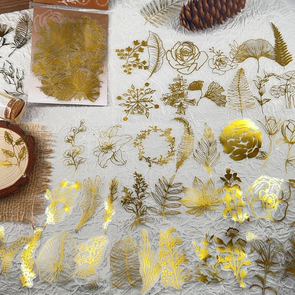 KAISA Gold Foil Floral Leaf Clear Stickers-50Pcs Vintage Botanical Transparent Pet Stickers for Journaling,Scrapbooking,Laptop Water Bottle,Card Making,Diy Crafts,Bullet Journal,Gift Wrapping