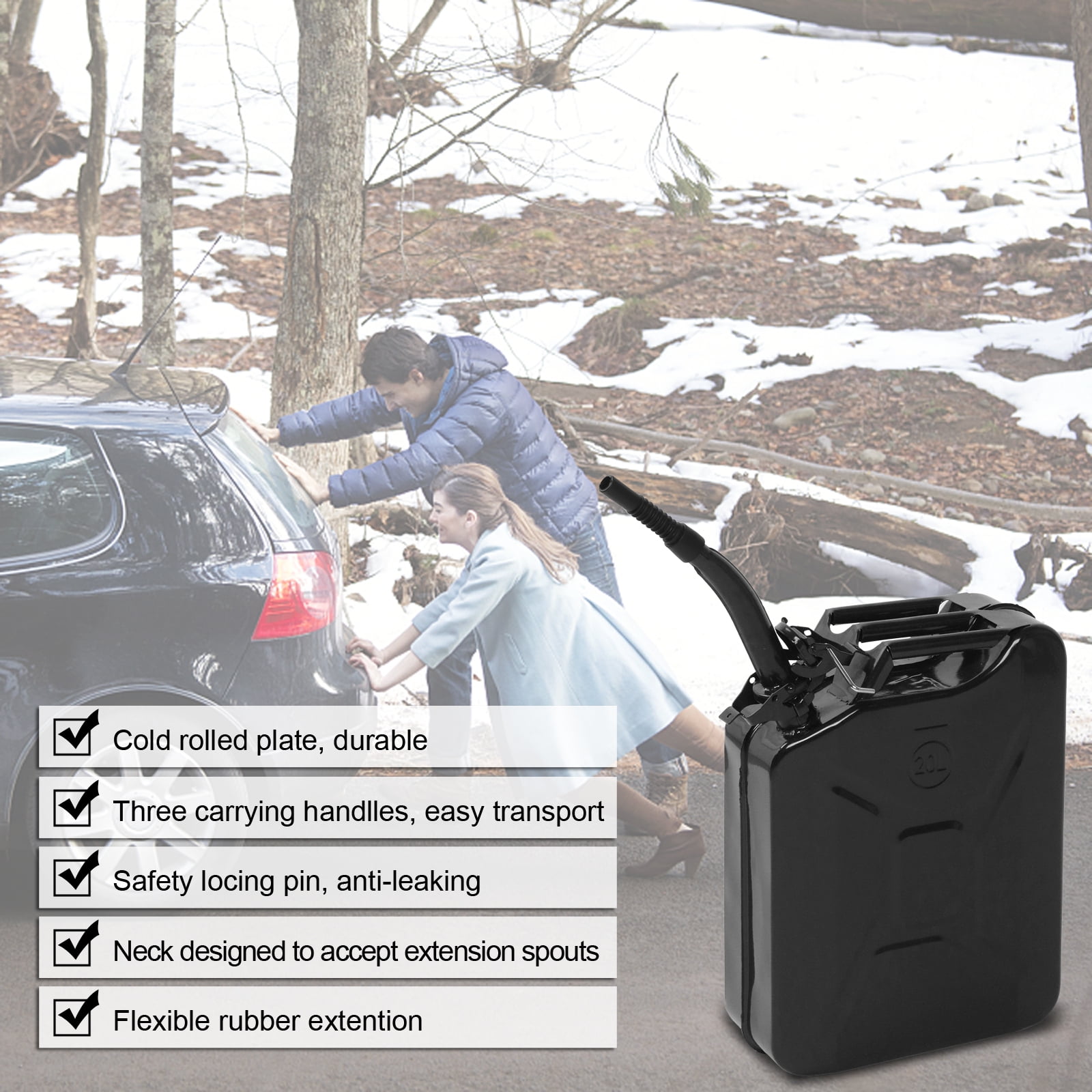Tenozek 5 Gallon Fuel Tank Gas Can with Spout, 20L Portable Metal Petrol Diesel Storage Can for Automobile Motor Vehicle Off Road Emergency Supply, Black