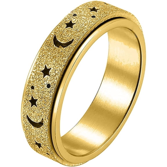 5 pc 201 Stainless Steel Moon and Star Rotatable Finger Ring Spinner Fidget Band Anxiety Stress Relief Ring for Women Golden US Size 7(17.3mm)