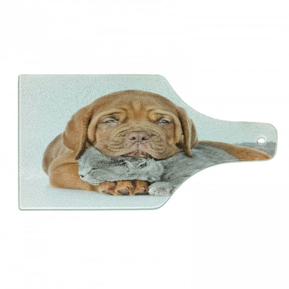 Dog and Cat Cutting Board, Sad Bordeaux's Head on a Sleeping Kitten, Decorative Tempered Glass Cutting and Serving Board, in 3 Sizes, by Ambesonne