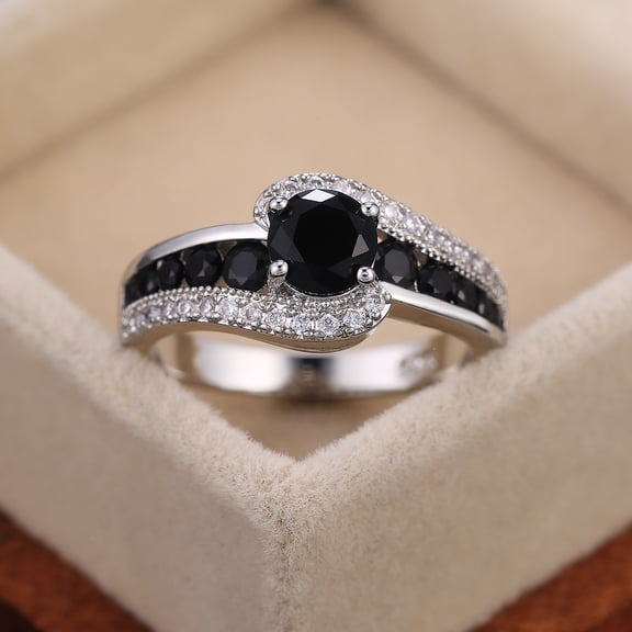 Huitan Women's Wedding Ring with Black Stone and Shiny Zirconia, Classic Jewelry, Superior Quality, Elegant Gift F360 9