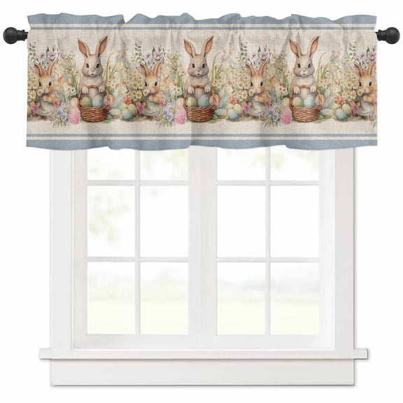 Hokiten Rod Pocket Curtain Valance, Easter Bunny Blue, Farmhouse Window Valance for Living Room, Bedroom, Kitchen Rustic Daisy Flower Easter Basket Egg 42"W x 18"L