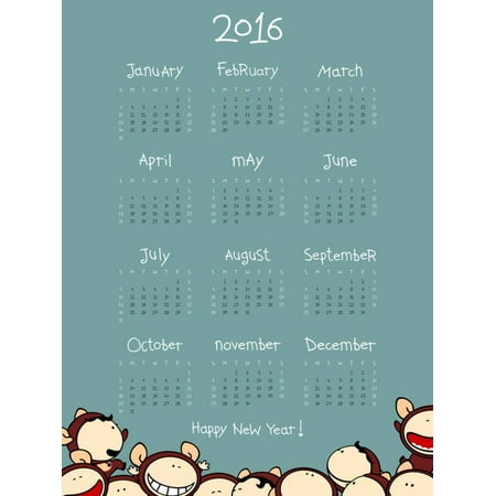Monkeys Calendar - Calendar for the Year 2016 with Monkeys (Raster Version) Print Wall Art By Alena Kozlova