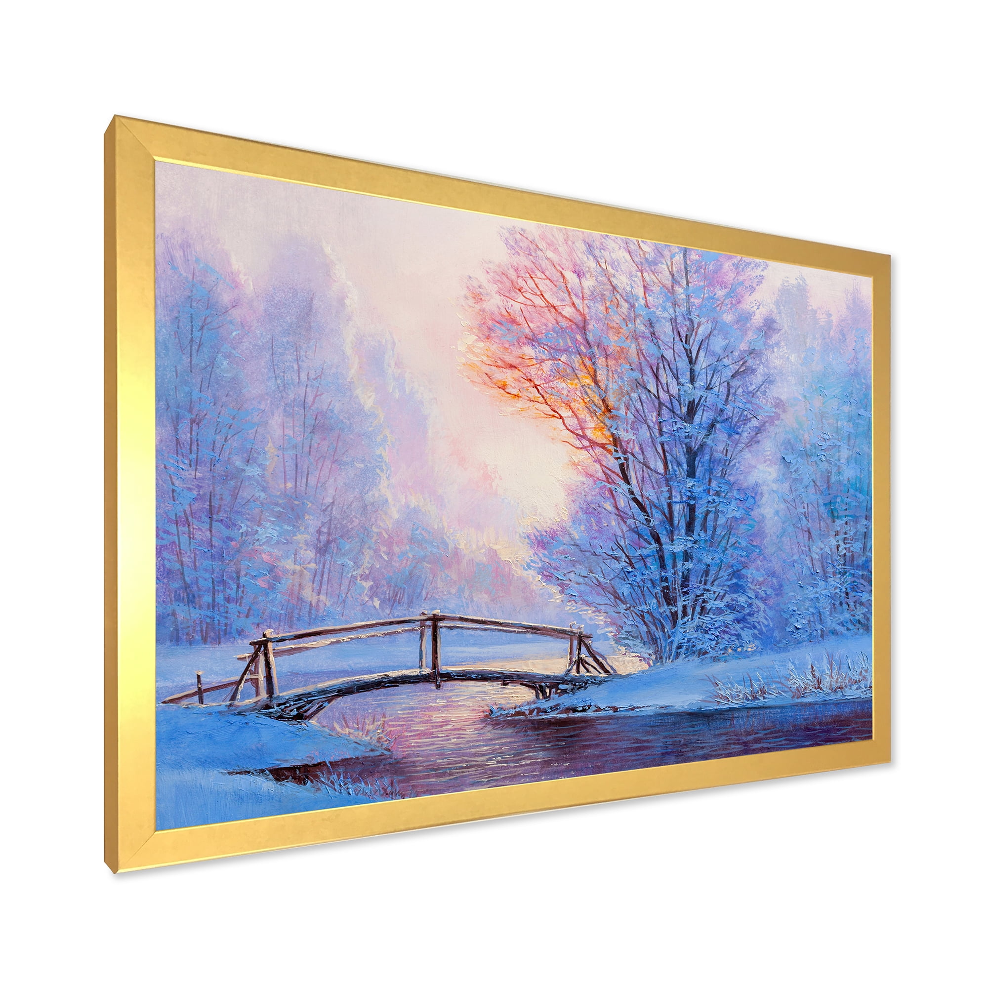 Designart 'Winter Landscape With A Bridge and A River' Lake House Framed Art Print