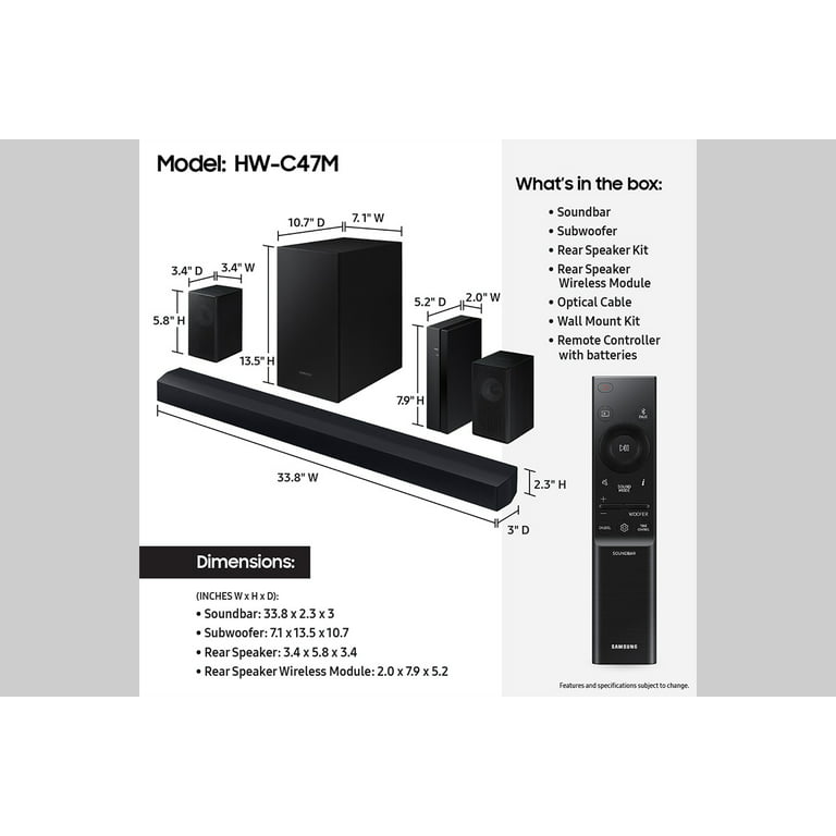 Rear 4.1.CH 2023 Speakers Soundbar SAMSUNG HW-C47M/ZA with Subwoofer, & B-Series Bluetooth,