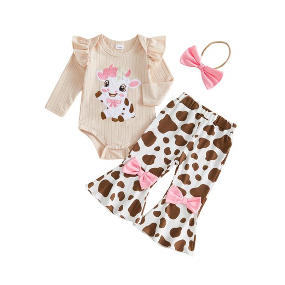 RUINIXCW Baby Girls Western Outfits Cow Embroidery Romper Flared Pants Headband