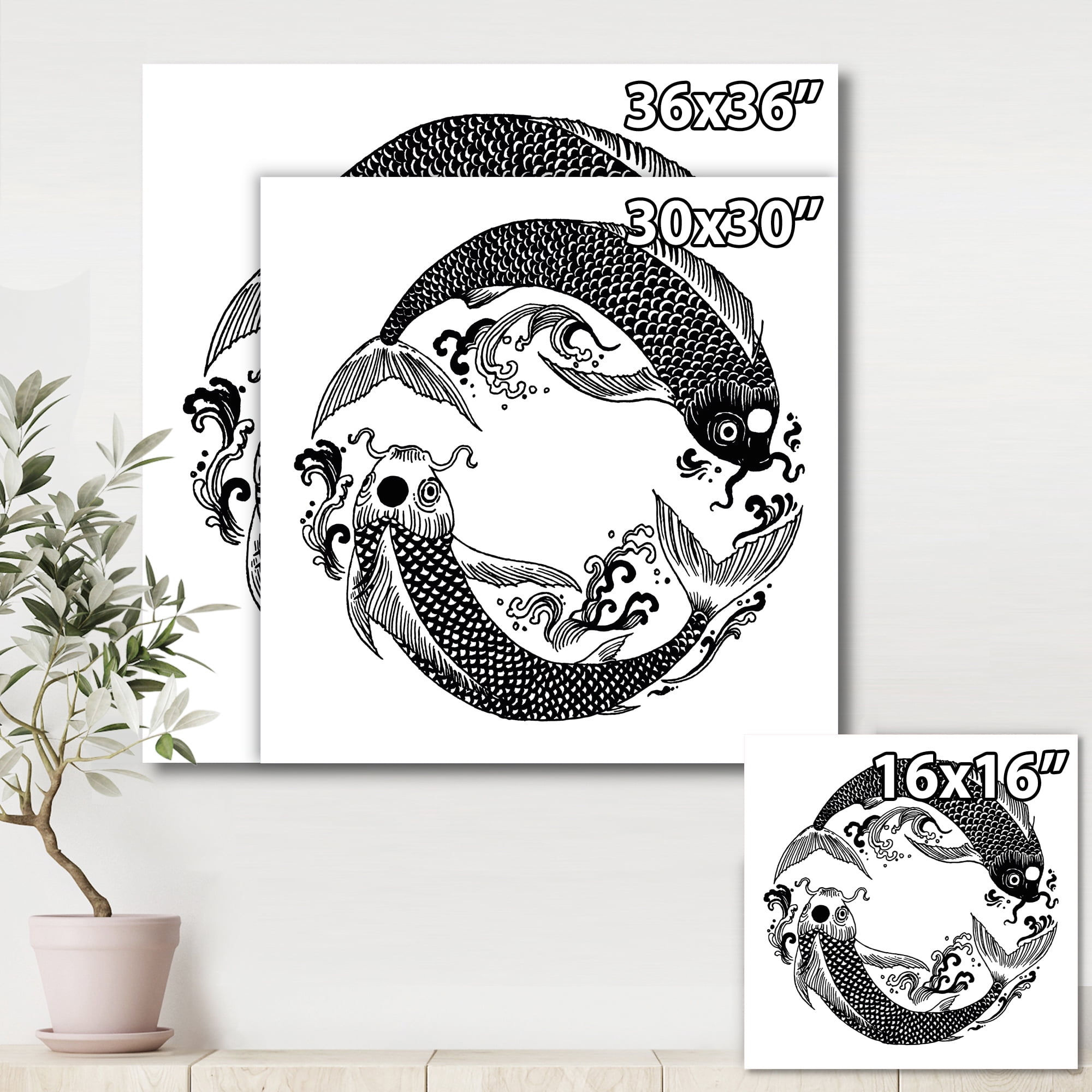 Designart ' China Koi Fish In Chinoiserie Style III ' Nautical & Coastal Canvas Wall Art Print