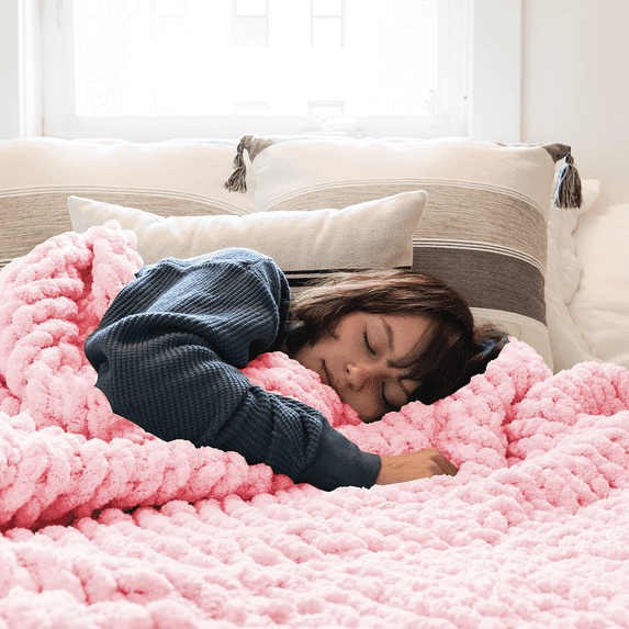 Comtest Chunky Knit Throw Blanket Chenille, Light Pink, 80"x80"(King Size)