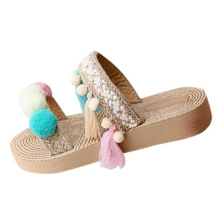 

SEMIMAY Fashion Summer Women Slippers Flat Soles Thick Soles Light Tassel Wool Ball Slip On Open Toe Colorblock Casual Style