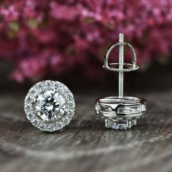 Women's Earrings 3Ct Round Cut Natural Moissanite Screw Back Halo Stud Earrings 14K White Gold Plated Silver