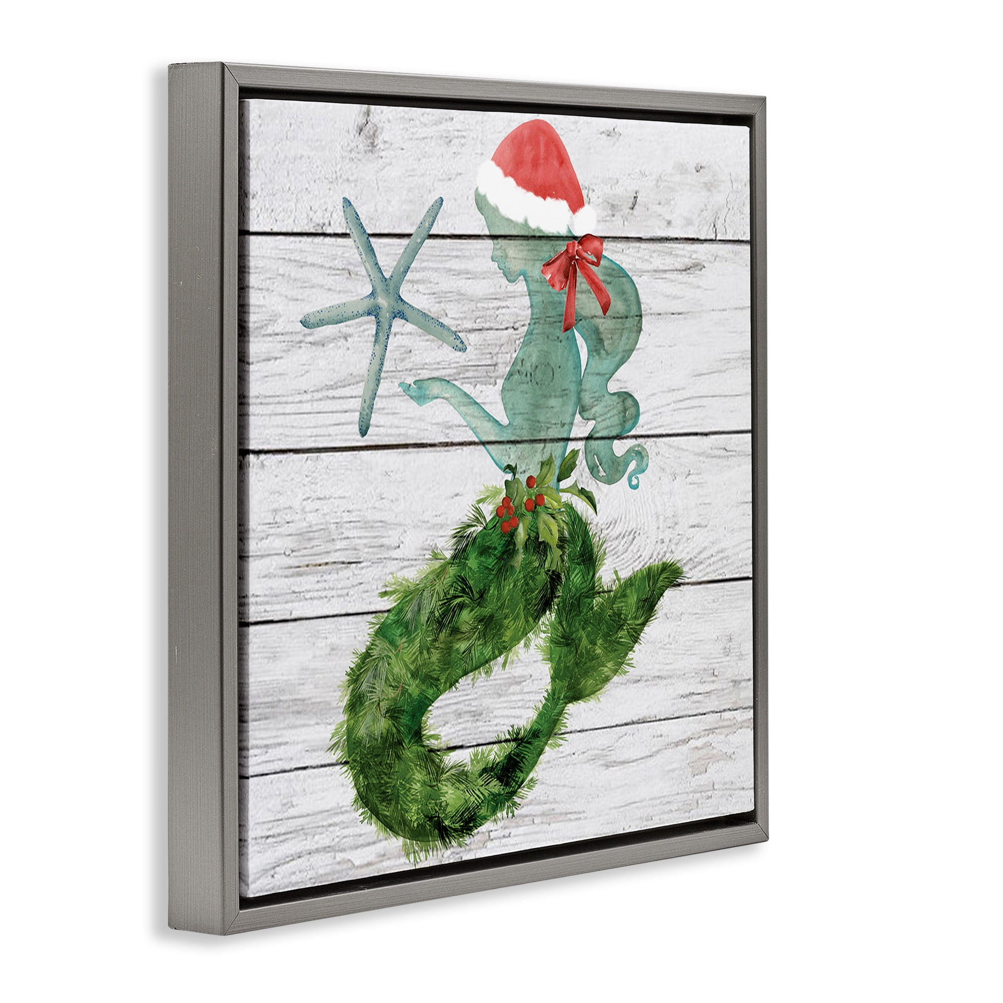 Stupell Industries Christmas Mermaid & Winter Holly Nature Painting Gray Floater Framed Canvas Art Print Wall Art, 18 x 18