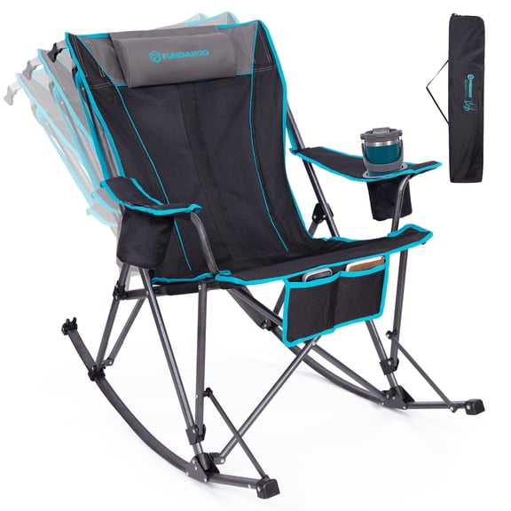 FUNDANGO Oversized Folding Camping Rocking Chairs for Adults, Support to 400lbs, Outdoor Rocking Camping Chair with Pocket, Foldable Rocker with Mesh High Back for Camping, Outdoor, Picnic