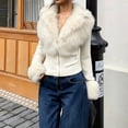 thumbnail image 2 of Women's Faux Fur Jackets Long Sleeve Collar Ribbed Knit Trimmed Coats Cropped Zip Up Streetwear Chic Night Out Clothes, 2 of 5