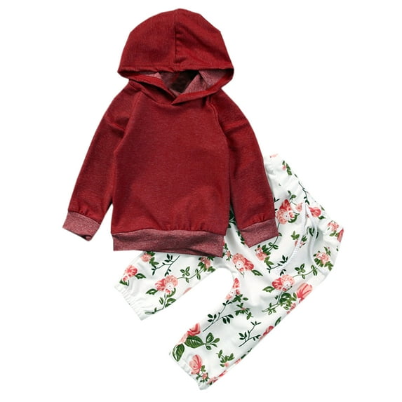 Infant Baby Girl Floral Pattern Long Sleeve Hoodie and Pants 2 pcs Cotton Outfit (90/12-18 Months, Red)