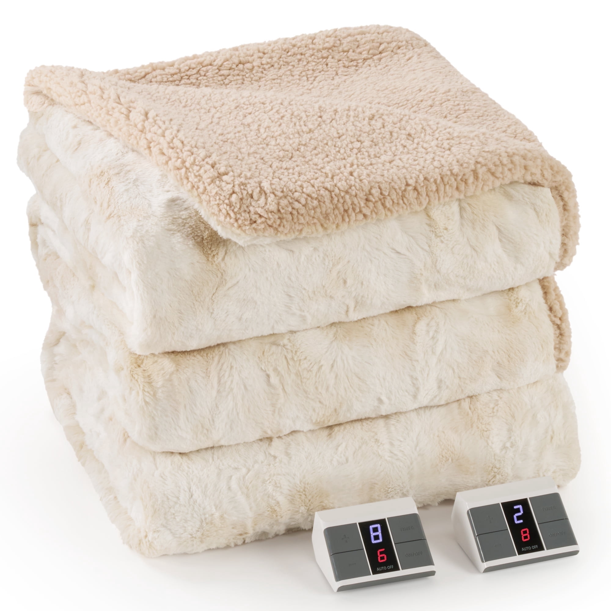 MARNUR Heated Blanket Queen Size 84" x 90", Faux Fur & Sherpa Electric Blanket with Dual Controllers, 10 Heat Levels, 10H Timer, Tie-Dye Off White