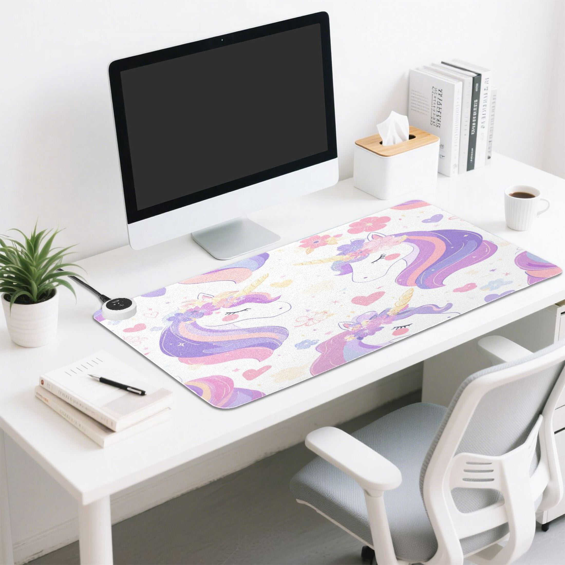 Large Heated Desk Mat Mouse Pad 31.5"x13"PU Leather Graphene Heating Desk Warmer with 3 Temperature Settings 110V US Plug Non-Slip Warm Pad for Home, Office, and Gaming Magical Unicorn Garden Pattern
