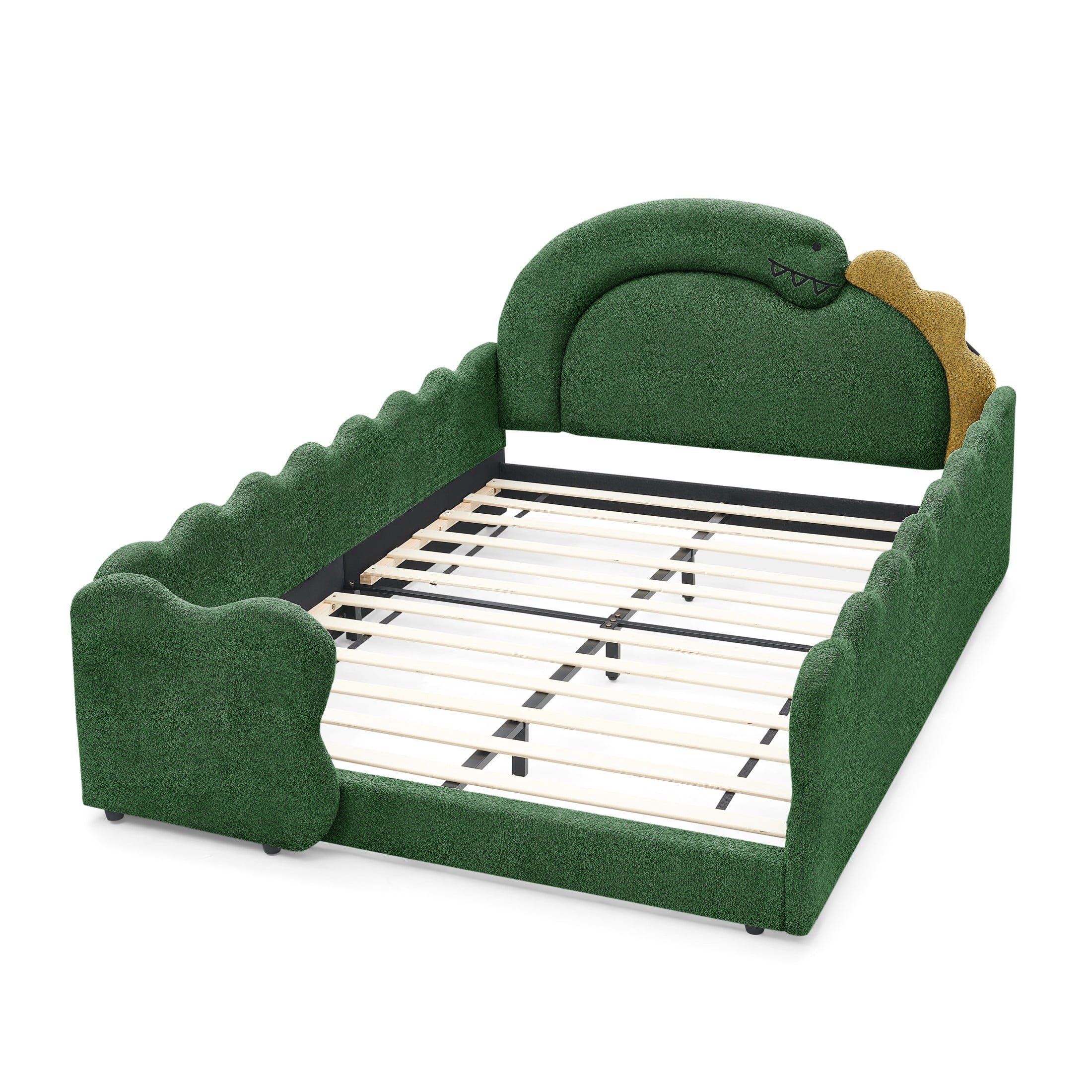 GDF Studio Full Size Cute Dinosaur Bed with Safety Guardrails & Solid Wood Frame, Boucle Fabric Upholstered Bed, Green