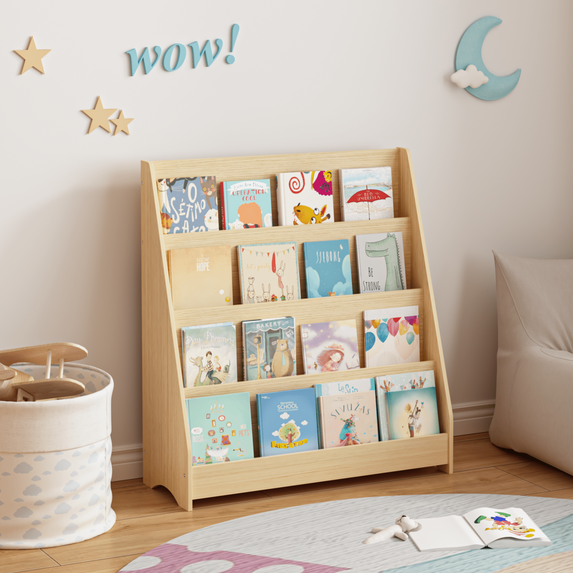 Leumius 4-Tier Kids Bookshelf,Book Display Shelf Bookcase Book Cabinet Organizedfor Bedroom,Playroom,Neutral