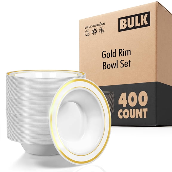 Stock Your Home Plastic Party Bowls (400 Pack) 12 Oz Elegant Disposable Dinnerware, Shatterproof Tableware for Catering, Holidays, Parties, Weddings (Gold)