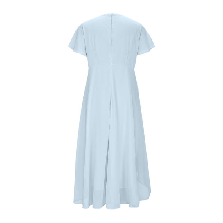 NXMZXB Women's High Low Bridesmaid Dresses for Women Loose Fit Casual  Chiffon Pleated V Neck Short Sleeves Formal Gown with Slit Light Blue M -  Walmart.com