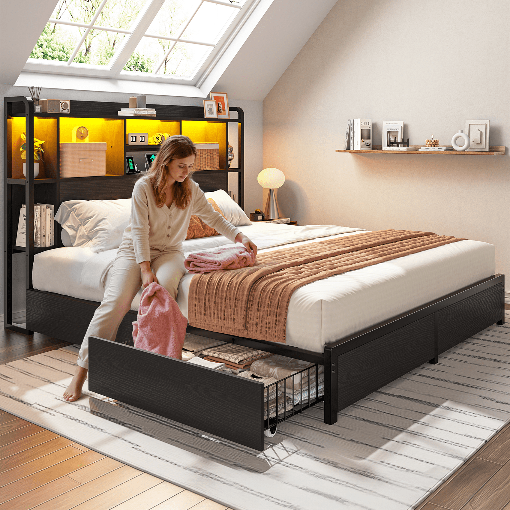 EnHomee Metal Bed Frame with 4 Storage Drawers Full Size Bed Frame with Storage Headboard & 3-Tier Shelf & Charge Station, Black