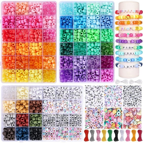 YOPTOP 4300pcs, 60 Colors Pony Beads, Christmas Gifts, Crafts Beads for Jewelry Making with Letter Beads, Charm Beads, Smiley Face Fruit Beads and Elastic Strings for Bracelet Necklace Making