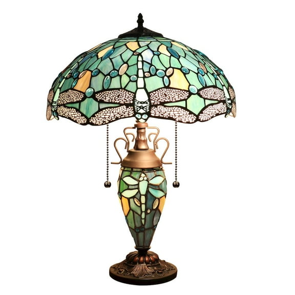 CHLOE Lighting Sunniva Dragonfly Tiffany-Style 3-Light Double Lit Table Lamp 16" Shade