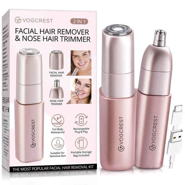 VG VOGCREST Facial - Removedor de vello de nariz para mujeres: Afeitadora facial eléctrica sin dolor 2 en 1 y recortadora de nariz - Herramienta de depilación recargable para cara, nariz, oreja, meloc