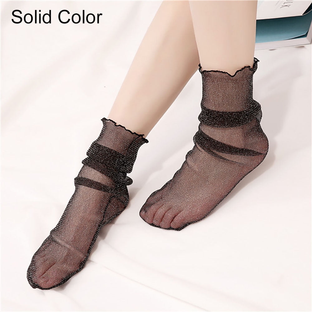 Hot Sell Women Lace Ruffle Black Ankle Socks Elastic Ultrathin Sheer Short Socks 