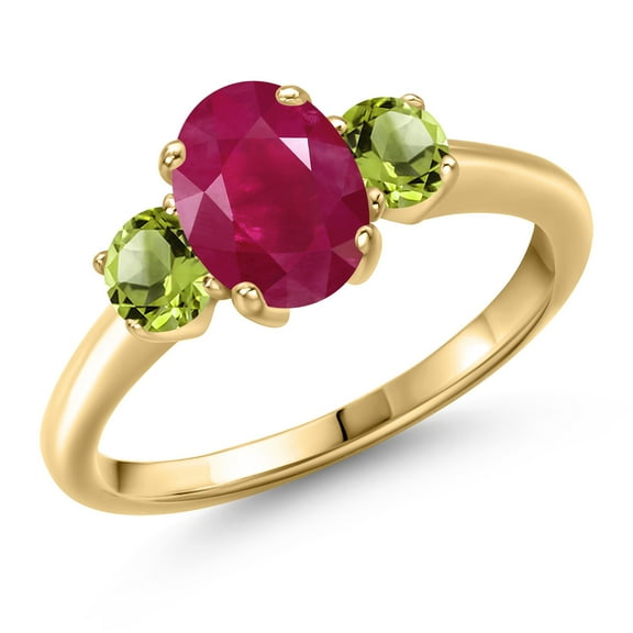 Gem Stone King 10K Yellow Gold Red Ruby and Green Peridot Engagement Ring for Women | 2.20 Cttw | Oval 8X6MM | Gemstone July Birthstone | Size 6