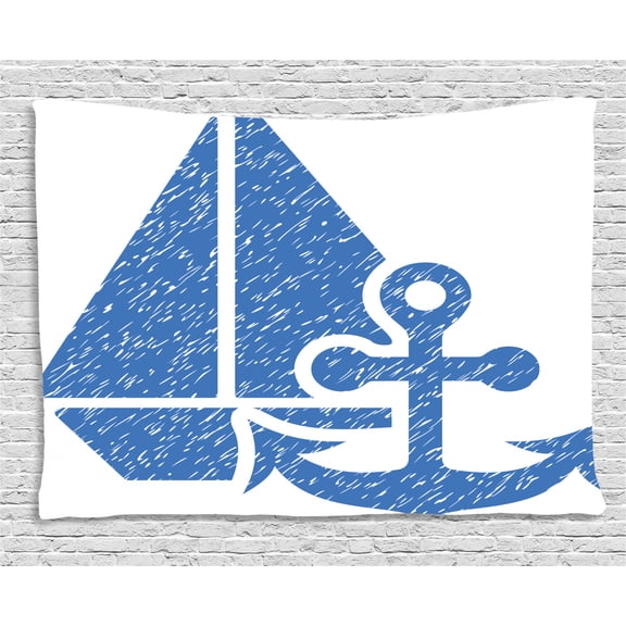Vintage Blue Tapestry, Marine Themed Anchor and Sailboat with Grungy Design Nautical Print, Wall Hanging for Bedroom Living Room Dorm Decor, 80W X 60L Inches, Azure Blue and White, by Ambesonne