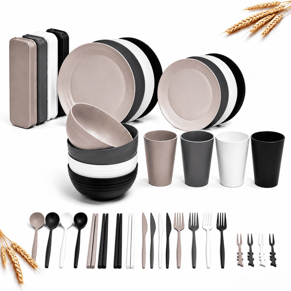 Yilush 48-Piece Premium Wheat Straw Dinnerware Set – Includes Shatterproof Plates, Bowls, Cups, and Cutlery; Dishwasher and Microwave Safe – Multicolor