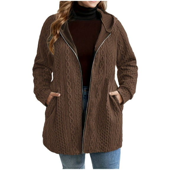 Fanxing Women's Plus Size Zip Up Hoodies Cable Sweatshirt Jacket Casual Long Sleeve Hooded Coat Oversized Fall Trendy Outfits Brown 4XL