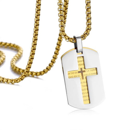 14K Yellow Gold Cross Necklace, Lord's Prayer Cross Pendant Necklace Jewelry for Men Women, Religious Gift