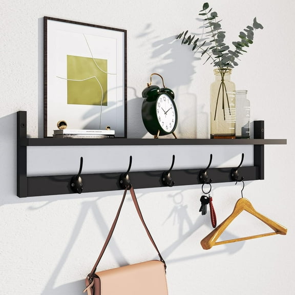 Wall Hooks with Shelf, 5 Dual Wood Coat Hooks for Entryway, Bathroom, Living Room, Bedroom – Stylish Wall-Mounted Storage Rack