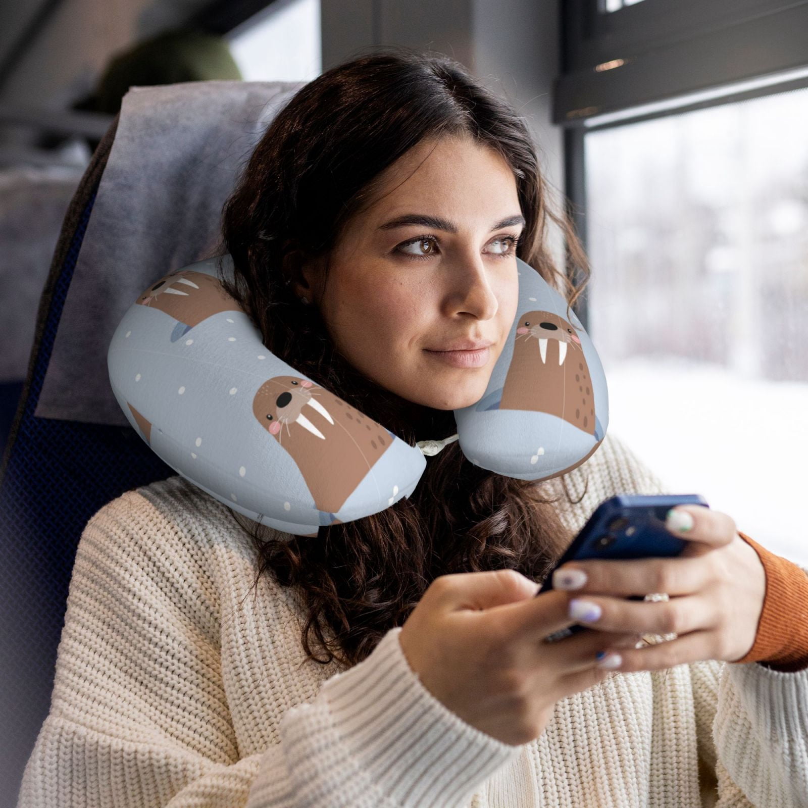 Xecao Playful Walrus Wonders Print Memory Foam Cervical Neck Pillow Versatile U-Shaped Pillows for Home,Office,Camping,Travelling,Soft Washable Cover