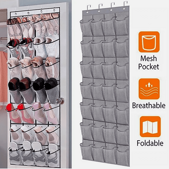 28-Pocket Over Door Shoe Organizer - Hanging Closet Storage Rack for Shoes, Bags & Accessories. (Gray)