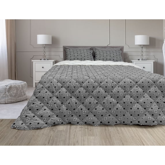 Monochrome Comforter & Sham Bedding Set, Floral Vintage Style Simplistic Geometric Squares Fractal Bloom Forms, 3 pcs Duvet Set Microfiber Filling Quilt, 5 Sizes, Charcoal Grey White, by Ambesonne