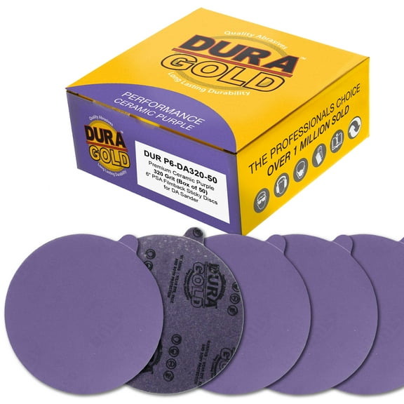 Dura-Gold Premium 320 Grit 6" PSA Purple Film Ceramic Sanding Discs, Box of 50 - Self Adhesive Stickyback Sandpaper for DA & Random Orbital Sanders - Abrasive Sand Auto Paint, Metal,working